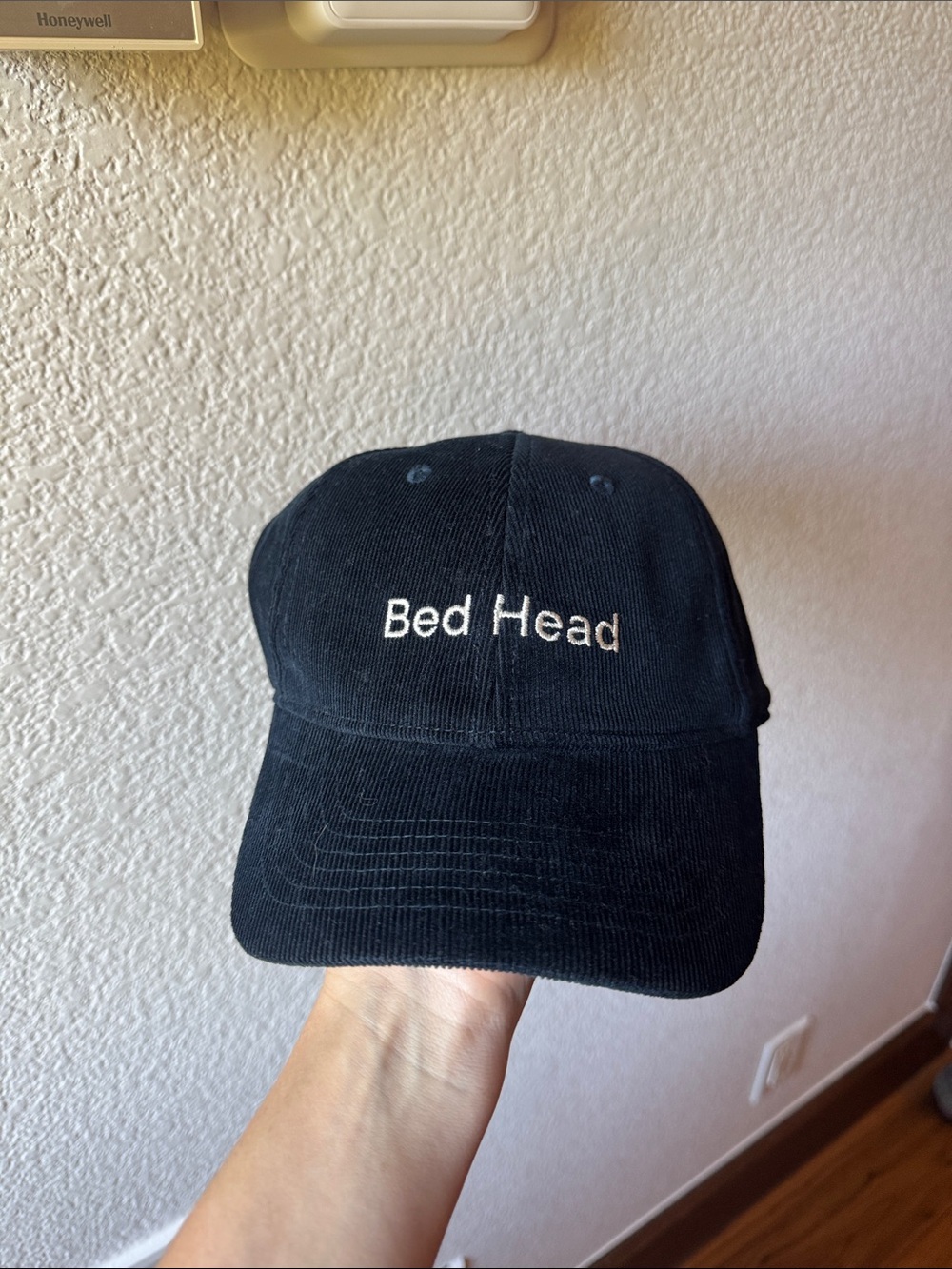 Bed Head Black Corduroy Baseball Cap with White Embroidered Logo